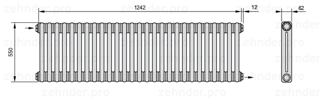 Схема (чертеж) Радиатор Zehnder Charleston 2055/27 №1670 Белый глянцевый RAL 9016